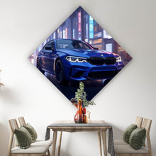 Lade das Bild in den Galerie-Viewer, Spannrahmenbild Blauer Sportwagen bei Nacht in der Stadt Raute