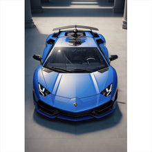 Lade das Bild in den Galerie-Viewer, Leinwandbild Blauer Sportwagen in Frontansicht geparkt Hochformat