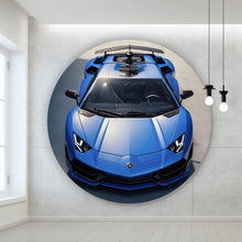 Lade das Bild in den Galerie-Viewer, Aluminiumbild gebürstet Blauer Sportwagen in Frontansicht geparkt Kreis