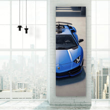 Lade das Bild in den Galerie-Viewer, Leinwandbild Blauer Sportwagen in Frontansicht geparkt Panorama Hoch