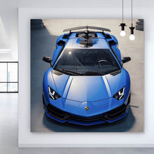 Lade das Bild in den Galerie-Viewer, Aluminiumbild gebürstet Blauer Sportwagen in Frontansicht geparkt Quadrat