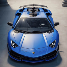 Lade das Bild in den Galerie-Viewer, Aluminiumbild Blauer Sportwagen in Frontansicht geparkt Quadrat