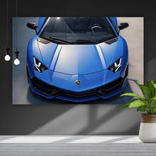 Lade das Bild in den Galerie-Viewer, Spannrahmenbild Blauer Sportwagen in Frontansicht geparkt Querformat