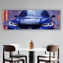 Lade das Bild in den Galerie-Viewer, Aluminiumbild Blauer Sportwagen in futuristischer Umgebung Panorama