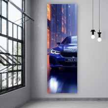 Lade das Bild in den Galerie-Viewer, Leinwandbild Blauer Sportwagen in futuristischer Umgebung Panorama Hoch