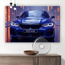 Lade das Bild in den Galerie-Viewer, Aluminiumbild gebürstet Blauer Sportwagen in futuristischer Umgebung Querformat