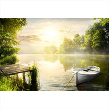 Lade das Bild in den Galerie-Viewer, Leinwandbild Boot auf See am Morgen Querformat
