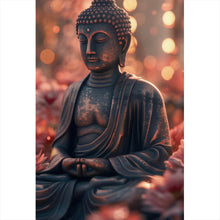 Lade das Bild in den Galerie-Viewer, Aluminiumbild Buddha Statue mit Blumenarrangement Hochformat