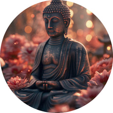Lade das Bild in den Galerie-Viewer, Aluminiumbild gebürstet Buddha Statue mit Blumenarrangement Kreis