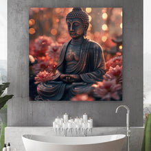 Lade das Bild in den Galerie-Viewer, Poster Buddha Statue mit Blumenarrangement Quadrat