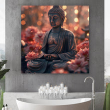 Lade das Bild in den Galerie-Viewer, Acrylglasbild Buddha Statue mit Blumenarrangement Quadrat
