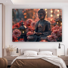 Lade das Bild in den Galerie-Viewer, Spannrahmenbild Buddha Statue mit Blumenarrangement Querformat