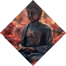 Lade das Bild in den Galerie-Viewer, Aluminiumbild gebürstet Buddha Statue mit Blumenarrangement Raute