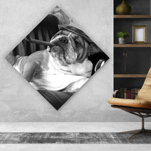 Lade das Bild in den Galerie-Viewer, Acrylglasbild Bulldogge auf Ledersessel mit Zigarre und Hut Raute
