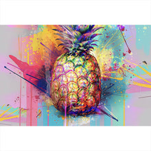 Lade das Bild in den Galerie-Viewer, Aluminiumbild Bunte Ananas mit knalligen Farbspritzer Hintergrund Querformat