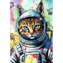 Lade das Bild in den Galerie-Viewer, Aluminiumbild gebürstet Bunte Astronautenkatze mit Pop Art Hintergrund Hochformat