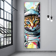 Lade das Bild in den Galerie-Viewer, Aluminiumbild gebürstet Bunte Astronautenkatze mit Pop Art Hintergrund Panorama Hoch