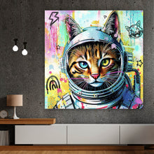 Lade das Bild in den Galerie-Viewer, Aluminiumbild gebürstet Bunte Astronautenkatze mit Pop Art Hintergrund Quadrat