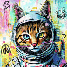 Lade das Bild in den Galerie-Viewer, Aluminiumbild gebürstet Bunte Astronautenkatze mit Pop Art Hintergrund Quadrat