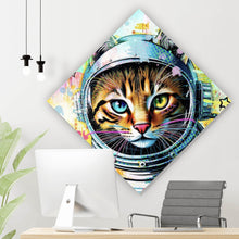 Lade das Bild in den Galerie-Viewer, Aluminiumbild gebürstet Bunte Astronautenkatze mit Pop Art Hintergrund Raute