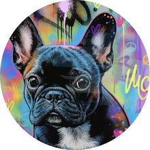 Lade das Bild in den Galerie-Viewer, Aluminiumbild gebürstet Bunte Bulldogge vor lebendigem Graffiti Hintergrund Kreis