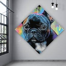 Lade das Bild in den Galerie-Viewer, Acrylglasbild Bunte Bulldogge vor lebendigem Graffiti Hintergrund Raute