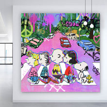 Lade das Bild in den Galerie-Viewer, Acrylglasbild Bunte Zeichentrickfiguren vor Graffitiwand Quadrat