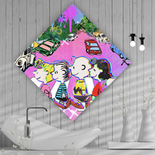 Lade das Bild in den Galerie-Viewer, Aluminiumbild Bunte Zeichentrickfiguren vor Graffitiwand Raute