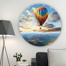 Lade das Bild in den Galerie-Viewer, Aluminiumbild gebürstet Bunter Heißluftballon im Flug Kreis