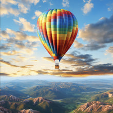 Lade das Bild in den Galerie-Viewer, Aluminiumbild gebürstet Bunter Heißluftballon im Flug Quadrat