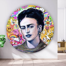 Lade das Bild in den Galerie-Viewer, Aluminiumbild gebürstet Buntes Frida Portait Pop Art Kreis