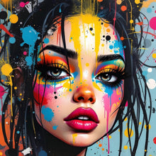 Lade das Bild in den Galerie-Viewer, Aluminiumbild gebürstet Buntes Gesicht einer Frau Modern Art Quadrat