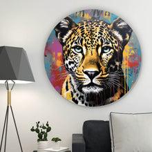 Lade das Bild in den Galerie-Viewer, Aluminiumbild Buntes Graffiti eines Leoparden Portrait Kreis