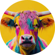 Lade das Bild in den Galerie-Viewer, Aluminiumbild gebürstet Buntes modernes Hochlandrind vor gelben Hintergrund Kreis