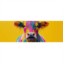 Lade das Bild in den Galerie-Viewer, Aluminiumbild gebürstet Buntes modernes Hochlandrind vor gelben Hintergrund Panorama