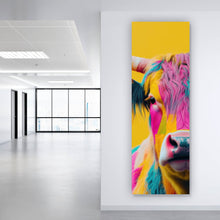 Lade das Bild in den Galerie-Viewer, Leinwandbild Buntes modernes Hochlandrind vor gelben Hintergrund Panorama Hoch