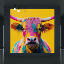 Lade das Bild in den Galerie-Viewer, Leinwandbild Buntes modernes Hochlandrind vor gelben Hintergrund Quadrat