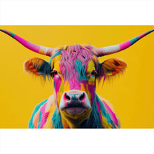 Lade das Bild in den Galerie-Viewer, Leinwandbild Buntes modernes Hochlandrind vor gelben Hintergrund Querformat