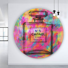 Lade das Bild in den Galerie-Viewer, Aluminiumbild gebürstet Parfum vor farbenfrohem Hintergrund Kreis