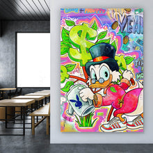 Lade das Bild in den Galerie-Viewer, Leinwandbild Cartoon Entenmotiv mit Dollarzeichen Hochformat