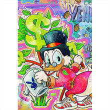 Lade das Bild in den Galerie-Viewer, Aluminiumbild gebürstet Cartoon Entenmotiv mit Dollarzeichen Hochformat