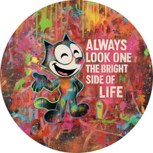 Lade das Bild in den Galerie-Viewer, Aluminiumbild gebürstet Cartoon Katze mit buntem Farbspritzer Hintergrund Kreis