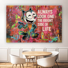 Lade das Bild in den Galerie-Viewer, Aluminiumbild gebürstet Cartoon Katze mit buntem Farbspritzer Hintergrund Querformat