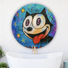 Lade das Bild in den Galerie-Viewer, Aluminiumbild gebürstet Cartoon Katze mit Dollarzeichen und buntem Hintergrund Kreis