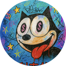 Lade das Bild in den Galerie-Viewer, Aluminiumbild gebürstet Cartoon Katze mit Dollarzeichen und buntem Hintergrund Kreis