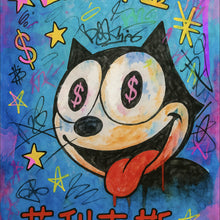 Lade das Bild in den Galerie-Viewer, Aluminiumbild Cartoon Katze mit Dollarzeichen und buntem Hintergrund Quadrat