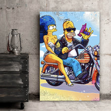 Lade das Bild in den Galerie-Viewer, Aluminiumbild Cartoon Paar auf Motorrad farbenfrohe Illustration Hochformat