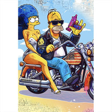 Lade das Bild in den Galerie-Viewer, Aluminiumbild Cartoon Paar auf Motorrad farbenfrohe Illustration Hochformat