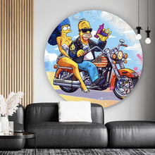 Lade das Bild in den Galerie-Viewer, Aluminiumbild gebürstet Cartoon Paar auf Motorrad farbenfrohe Illustration Kreis