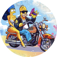 Lade das Bild in den Galerie-Viewer, Aluminiumbild Cartoon Paar auf Motorrad farbenfrohe Illustration Kreis